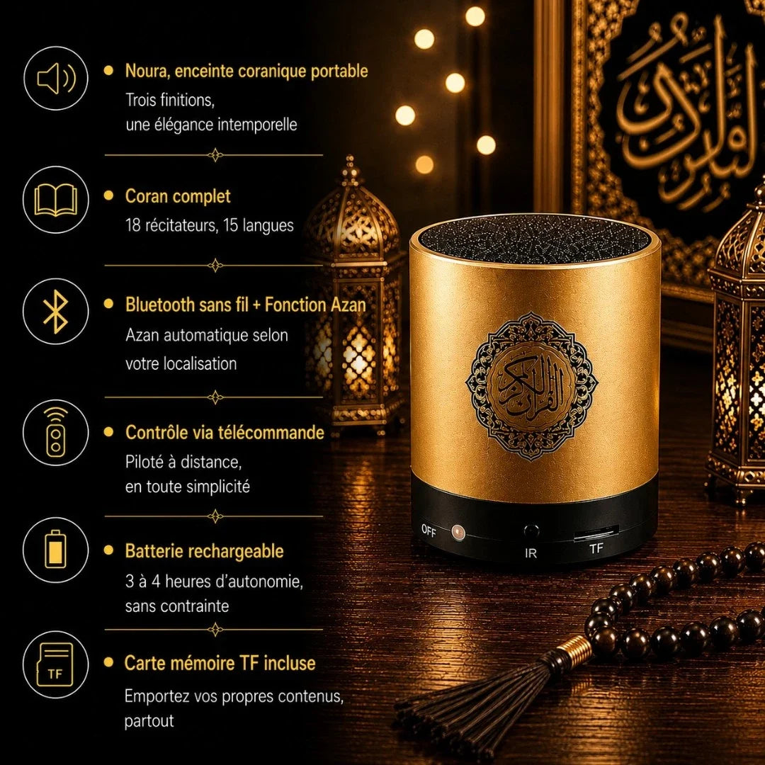 Infographie caractéristiques enceinte coranique Noura : 3 finitions élégantes, Coran complet 18 récitateurs 15 langues, Bluetooth et Azan, contrôle télécommande, batterie rechargeable 3 à 4h d'autonomie, carte mémoire TF incluse