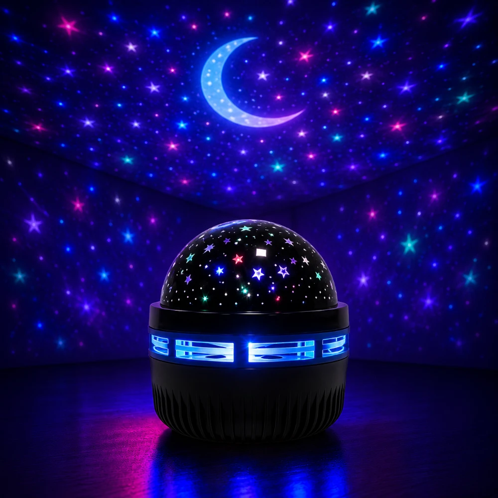 Projection lune et étoiles bleu violet de la veilleuse Nova au plafond d'une chambre