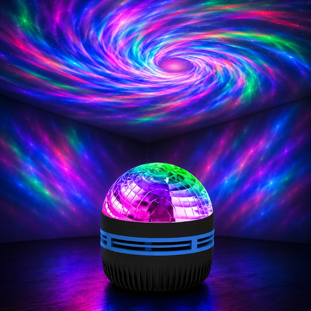 Motif tourbillon d'aurore multicolore projeté par la veilleuse Nova