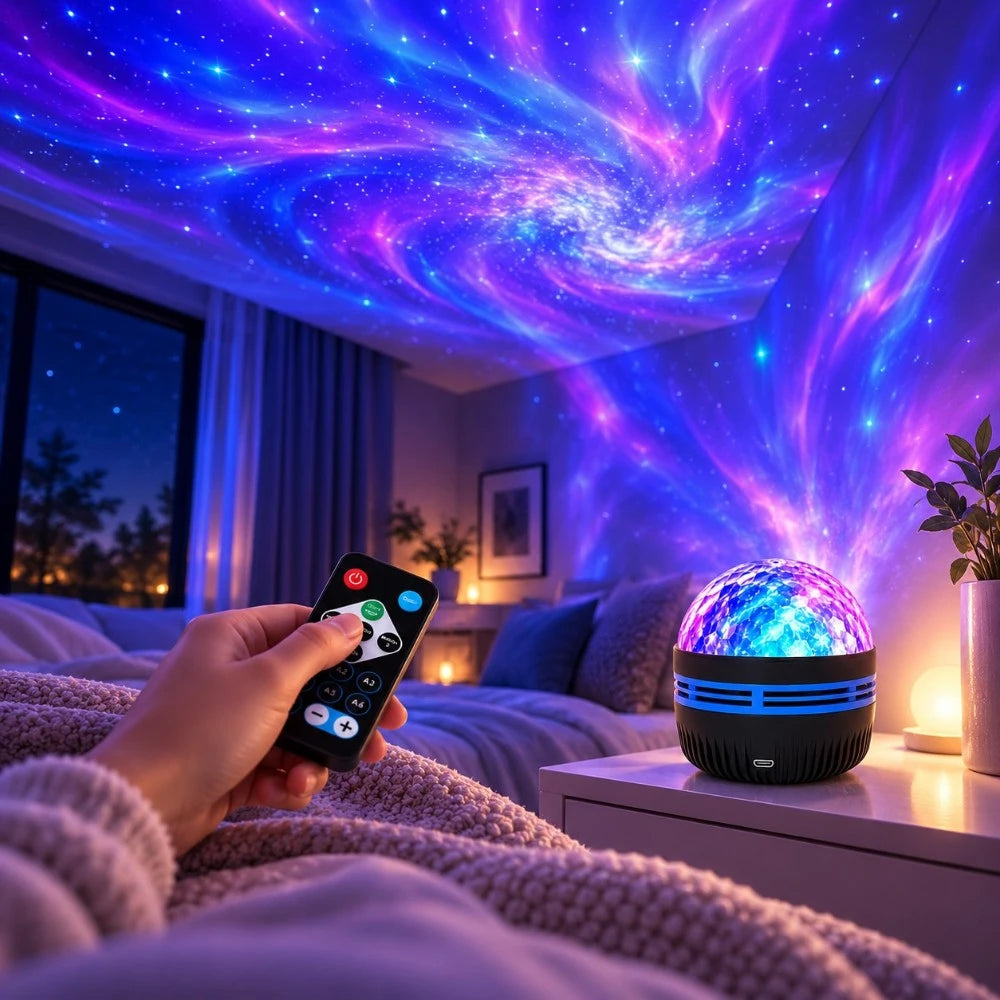 Projecteur Nova diffusant une galaxie bleue et violette dans une chambre, télécommande en main.