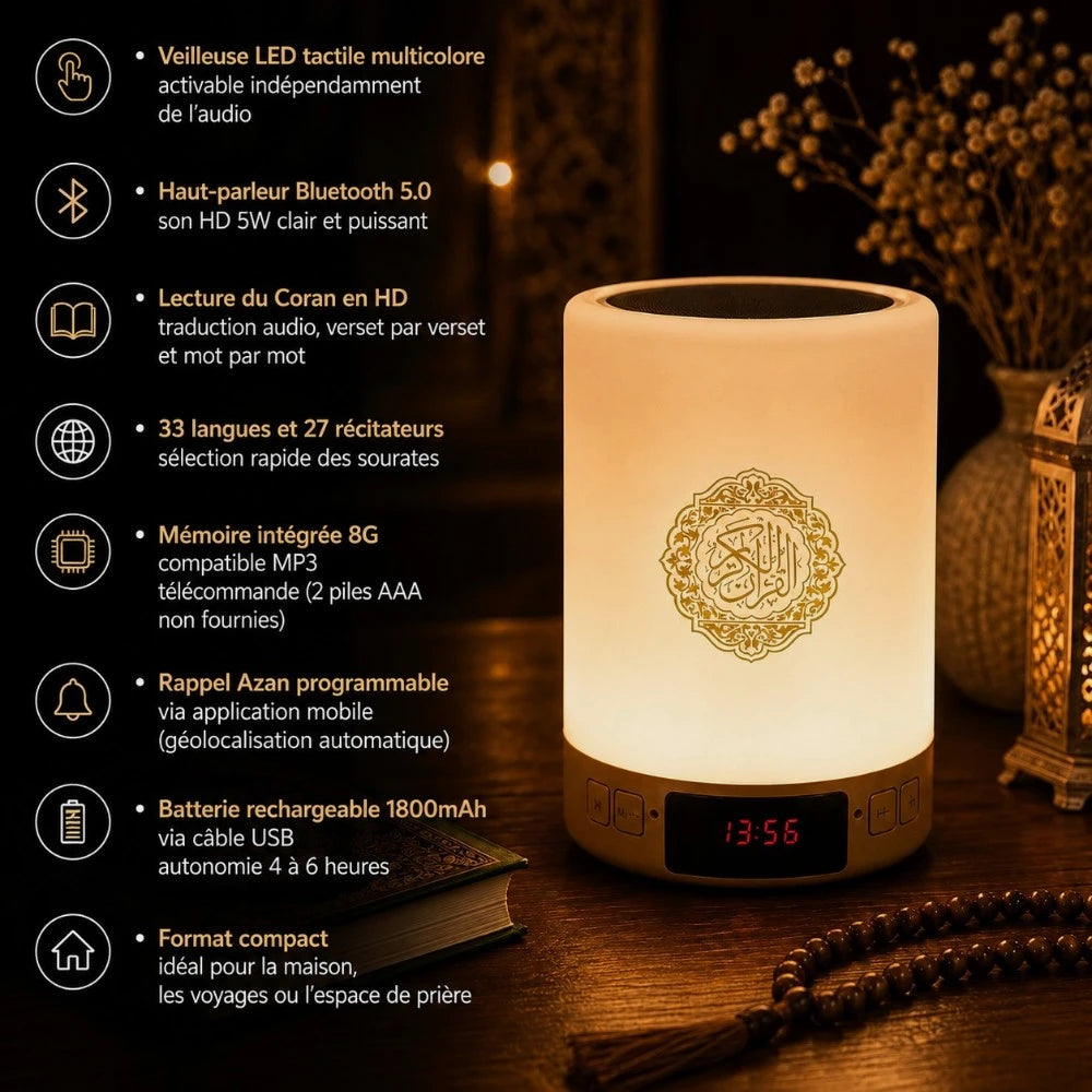 Veilleuse Qamar fonctionnalités Bluetooth Azan LED multicolore Coran intégral