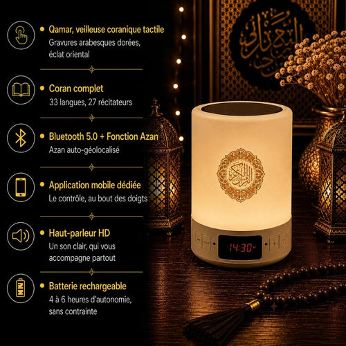 Infographie veilleuse Qamar : Coran complet, Bluetooth, Azan, application mobile, haut-parleur et batterie rechargeable