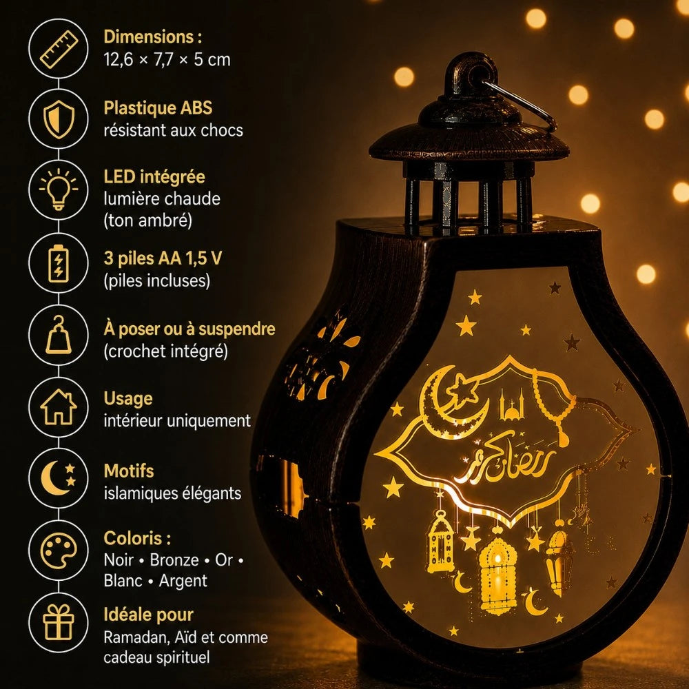 Infographie des spécifications techniques de la lanterne LED coranique Ruh : dimensions, poids, matériau, éclairage, alimentation et coloris disponibles
