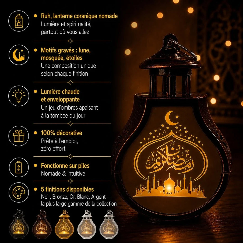 Infographie caractéristiques lanterne Ruh : motifs lune mosquée étoiles gravés, lumière chaude enveloppante, 100% décorative, fonctionne sur piles, 5 finitions disponibles