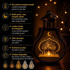 Infographie caractéristiques lanterne Ruh : motifs lune mosquée étoiles gravés, lumière chaude enveloppante, 100% décorative, fonctionne sur piles, 5 finitions disponibles