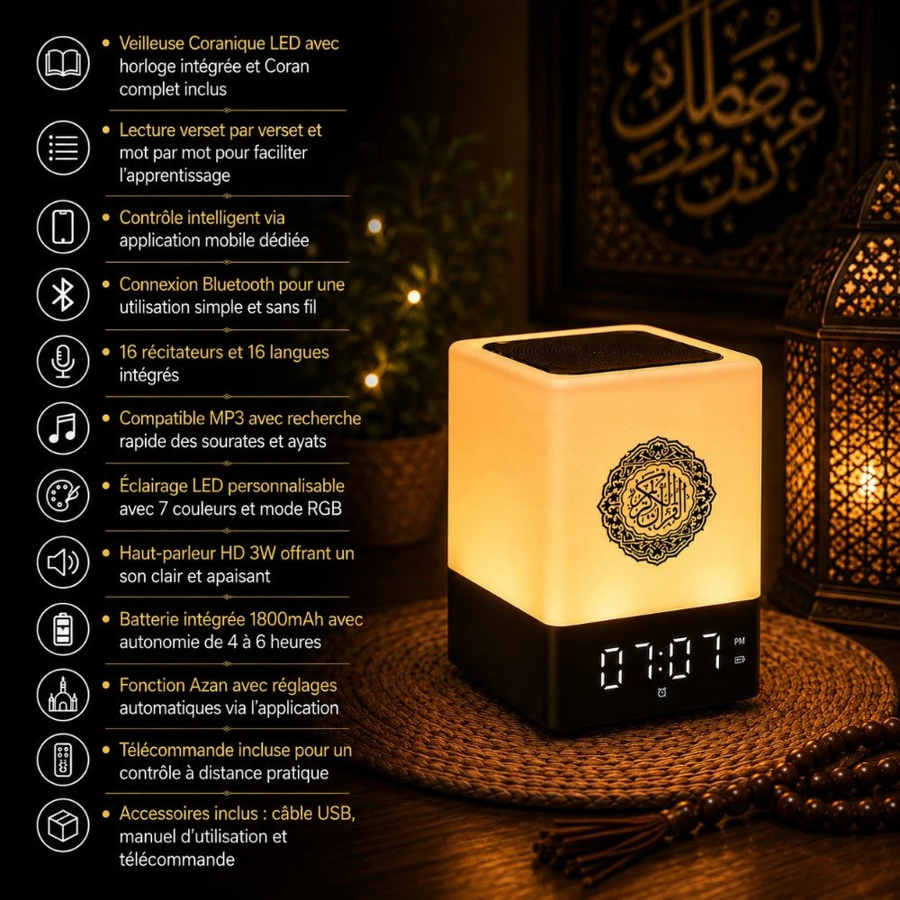 Infographie caractéristiques réveil Sakina : Bluetooth, Azan, Coran intégral, LED, réveil