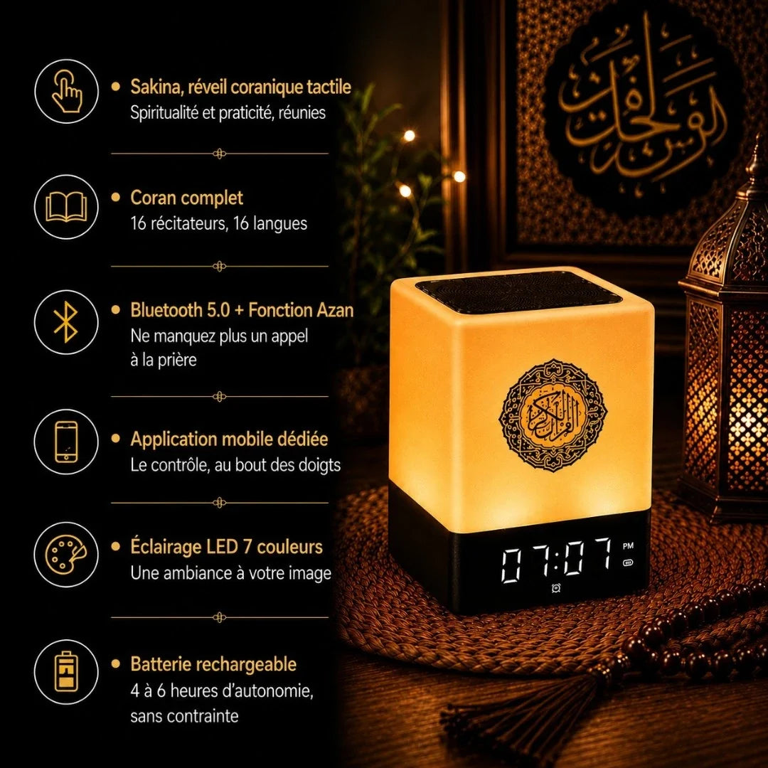 Infographie caractéristiques réveil coranique Sakina : Coran complet 16 récitateurs 16 langues, Bluetooth 5.0 et Azan, application mobile dédiée, éclairage LED 7 couleurs, batterie rechargeable 4 à 6h d'autonomie
