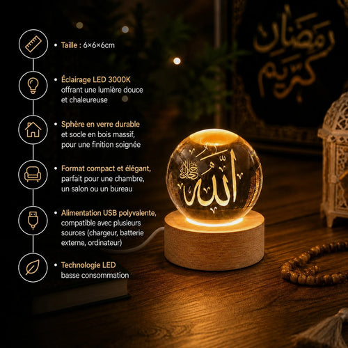 Infographie caractéristiques lampe cristal LED Serenita : dimensions, alimentation USB, structure verre et bois, faible consommation